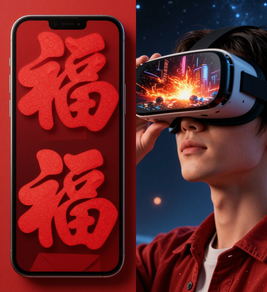 Split screen: a traditional 'Fu' paper-cut on a smartphone on the left, and a person in VR goggles dreaming of Mars on the right, showing Chinese blessings and dreams.